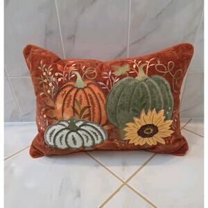 Beautiful Fall Pumkins And Sinflowers Velvet Throw Pillow 12"x20"